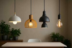 Vier hanglampen in diverse stijlen boven een tafel. De lampen zijn wit, houtkleurig en zwart. Sfeervol licht in een modern interieur.