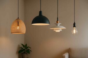Vier hanglampen in diverse stijlen, van rotan tot modern wit, sieren een woonkamer. Warm licht accentueert de comfortabele sfeer. Design lampen.