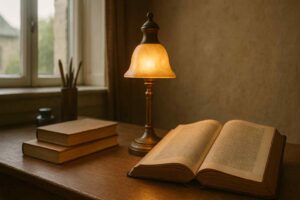 Een warme, sfeervolle setting met een open boek en een vintage lamp op een houten tafel. Zachte, gouden verlichting creëert een gezellige ambiance.