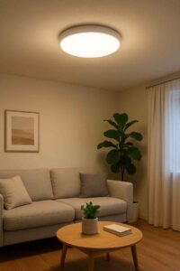 Woonkamer interieur met ronde plafondlamp. Beige zitbank, houten tafel en vloer. Een comfortabele en lichte kamer met planten.