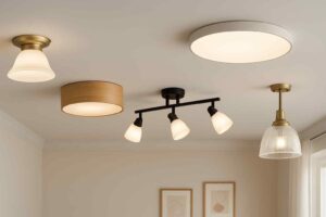 Plafondlampen in diverse stijlen, van hout tot metaal, geven warm licht. Design lampen voor een sfeervolle woonkamer.