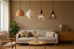 Woonkamer met beige zitbank en diverse hanglampen. De lampen zijn van rotan, glas en metaal. Warme, natuurlijke kleuren en zachte belichting.