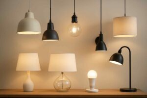 Diverse lampen in verschillende stijlen, van hanglampen tot tafellampen, in wit en zwart, op een houten tafelblad. Design voor de woonkamer.