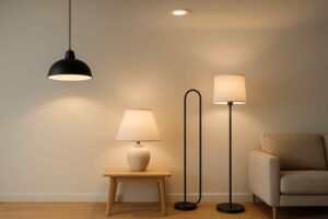 Sfeervolle woonkamer met design verlichting: hanglamp, tafellamp en staande lamp. Zachte, warme tinten en houten vloer. Zitbank in de hoek.
