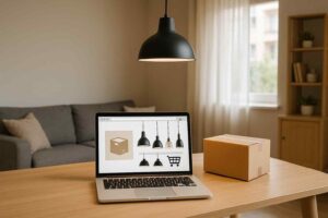 Laptop met hanglampen webshop, kartonnen doos op houten tafel. Zwarte hanglamp erboven. Comfort en design voor jouw woonkamer.