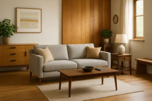 Woonkamer met houten accenten en grijze bank. De houten lambrisering geeft een warme sfeer. Interieurstijl met lichte beits tinten.