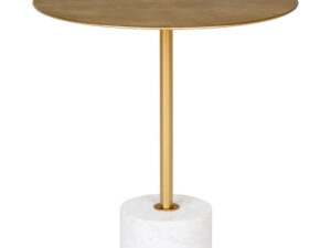 Close-up of a brass side table featuring a round top, sleek stand, and a cylindrical marble base, all on a stark white background.
