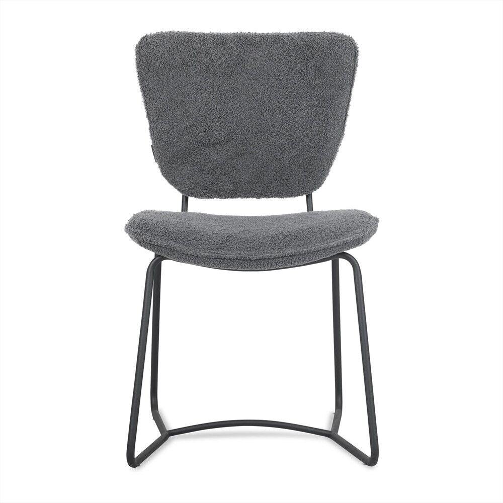 Eetkamerstoel Amy antraciet: set van 2 stoffen stoelen met zwart metalen frame.