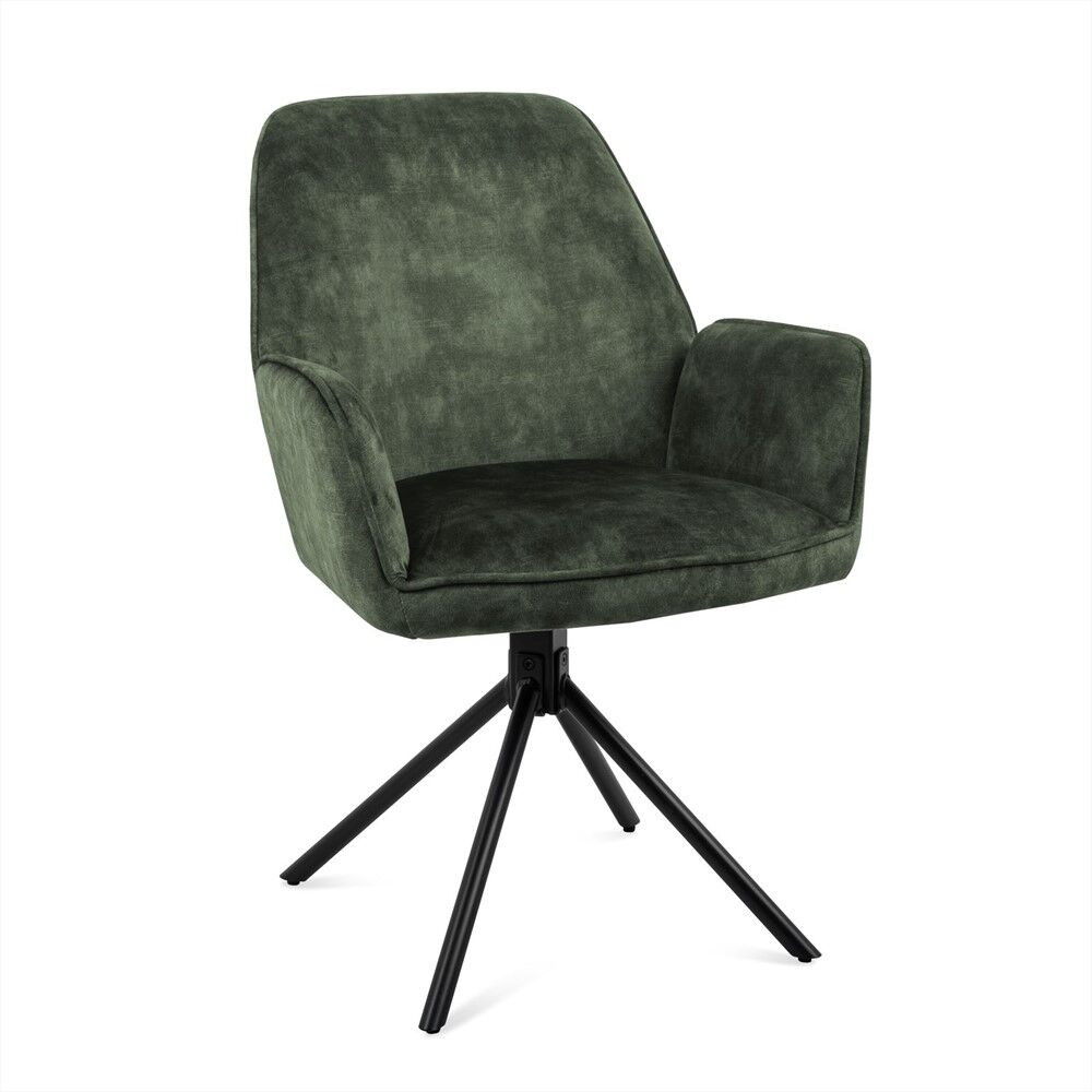 Eetkamerstoel Noah Stoffen Zitting Moss: Groene velvet armstoel met zwart draaibaar onderstel.