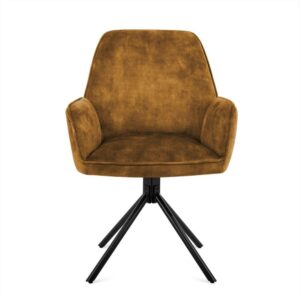 Eetkamerstoel Noah Cognac met stoffen zitting en zwart metalen onderstel.