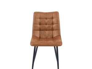 Eetkamerstoel Lucille Cognac (set van 4): bruine, gecapitonneerde stoel met zwarte poten.