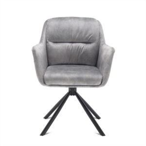 Eetkamerstoel Talas Clay set van 2: grijze stoffen eetkamerstoel met armleuningen en zwart metalen onderstel.