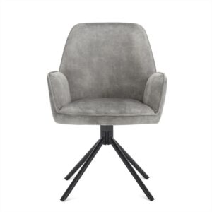 Eetkamerstoel Noah Stoffen Zitting Clay: grijze stoel met armleuningen en zwart draaibaar onderstel.