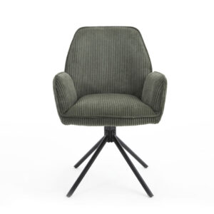 Eetkamerstoel Noah Hyper Stof Donkergroen met armleuning: donkergroene corduroy stoel met zwart metalen draaivoet.