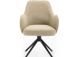 Eetkamerstoel Kyler Stof Beige: moderne kuipstoel met beige stoffering en zwart metalen onderstel.