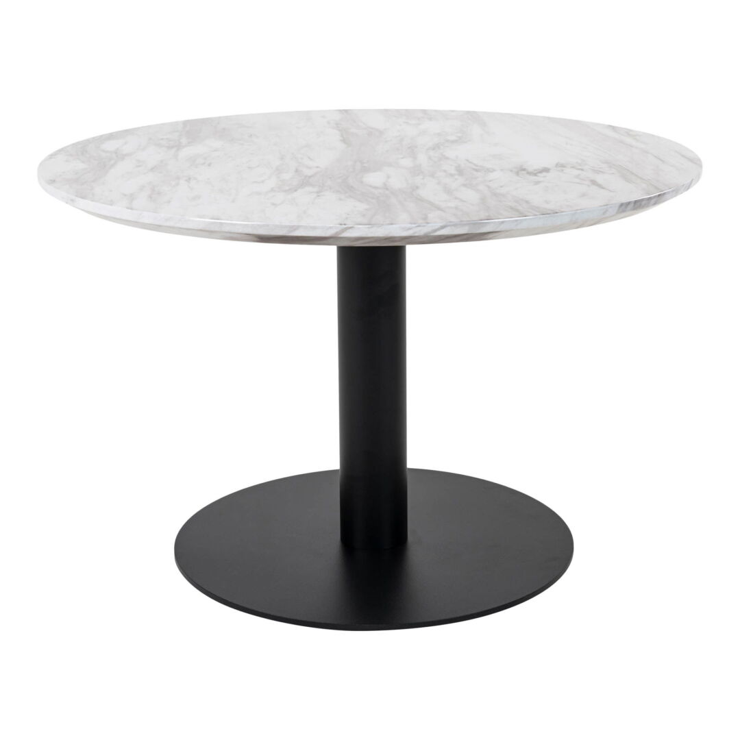Frontal shot of a white salontafel with a round, faux-marble top and black steel base, lit evenly against a stark white background, vierkant