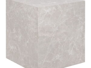 Angled studio shot of a square beige marble bijzettafel, showcasing the veined pattern and clean lines of the modern side table on a white background.