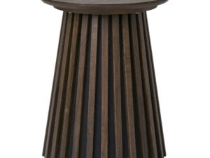 Studio shot of a square Bijzettafel with a round dark wood top and a slatted base, against a white background, in a neutral, even lichtinval.