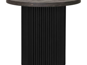 Round side table with a dark wood top and a black, cylindrical base with vertical ridges. Studio shot, neutraal verlichting, strakke lijnen, minimalistisch.