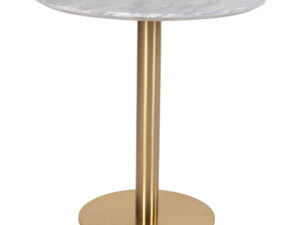 Elegant Bolzano eettafel featuring a round, faux marble top, supported by a sleek gold-colored metal pedestal base. Modern design with minimalist styling.