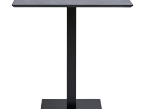 Close-up of a modern Fano eettafel, vierkant design, in zwart staal en MDF. Strakke lijnen, minimalistisch belicht tegen een witte achtergrond.