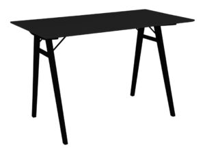 Angled view of a black Vojens bureau desk. The minimalistic design features a strak silhouet and donkere tinten against a witte achtergrond.