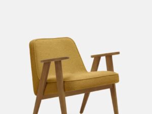 Fauteuil 366 Bouclé Mosterd met donker houten frame. Comfortabele mosterdgele fauteuil.