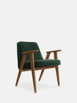 Fauteuil 366 Fluweel Flesgroen Met Donker Hout: groene fluwelen fauteuil met donker houten frame.