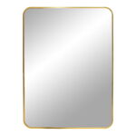Close-up of a rectangular Wandspiegel Messing (wall mirror brass) with rounded corners, gold frame, studio lighting, and witte achtergrond.