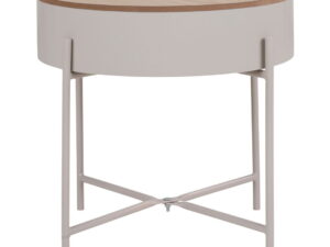 Beige bijzettafel van staal, rond model. Lichtgrijze poten met houten blad, gefotografeerd in natuurlijk licht tegen een effen witte achtergrond.