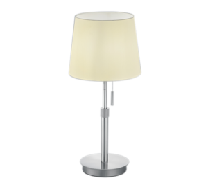 TRIO Lyon tafellamp: beige lampenkap met zilveren voet en standaard.