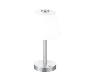 TRIO Tafellamp EMERALD: Kleine, zilverkleurige tafellamp met witte lampenkap.