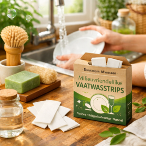 Close-up van vaatwasstrips en afwasborstel op een houten aanrecht, met iemand die afwast op de achtergrond. Zachte, natuurlijke belichting.