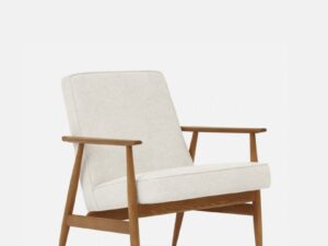 Loungestoel FOX Marmerwit met donker houten onderstel, elegante fauteuil voor woonkamer of leeshoek.