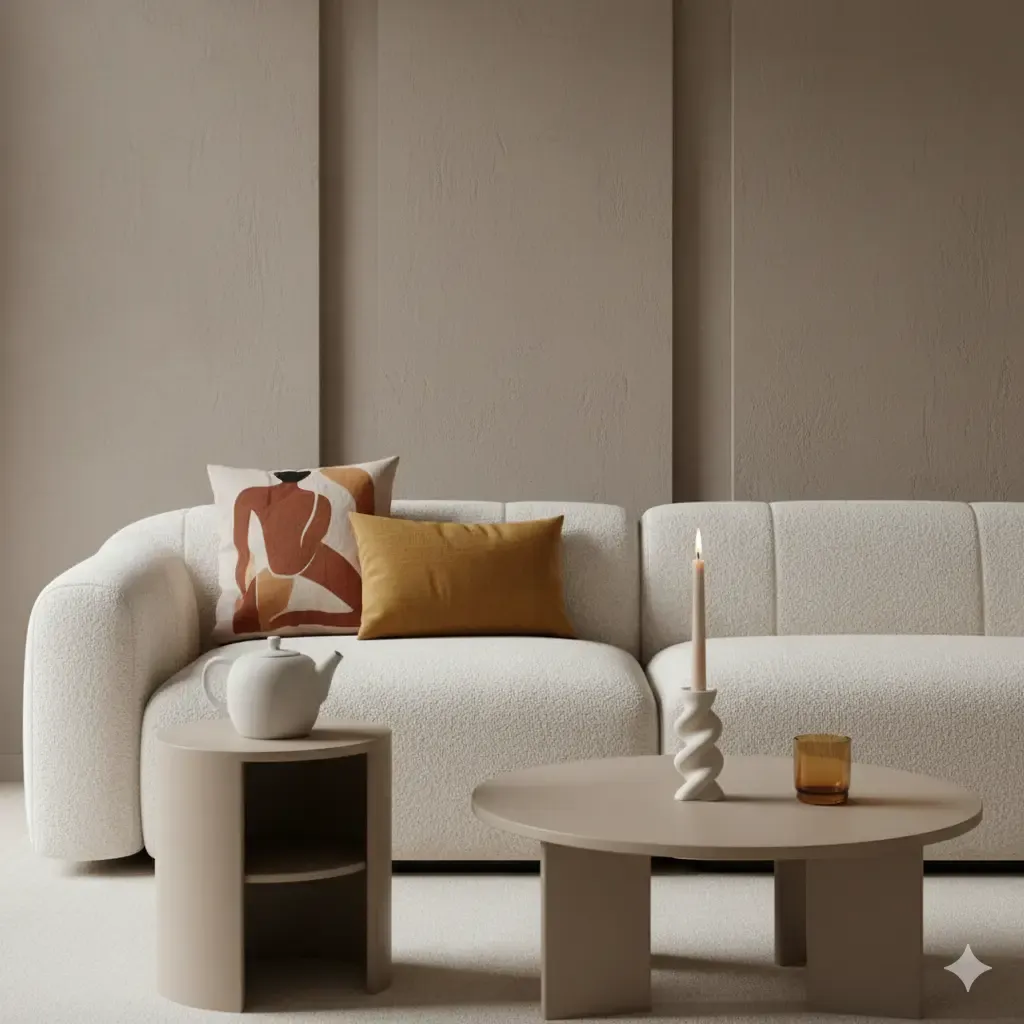 Beige woonkamer met een comfortabele, witte modulaire bank, sierkussens, een theepot op een bijzettafel en een kaars op een ronde salontafel.