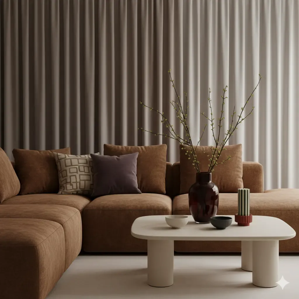 Stijlvolle woonkamer met bruine modulaire bank, sierkussens en een witte salontafel met decoratieve vaas tegen een gordijnachtergrond. Warme, neutrale kleuren.