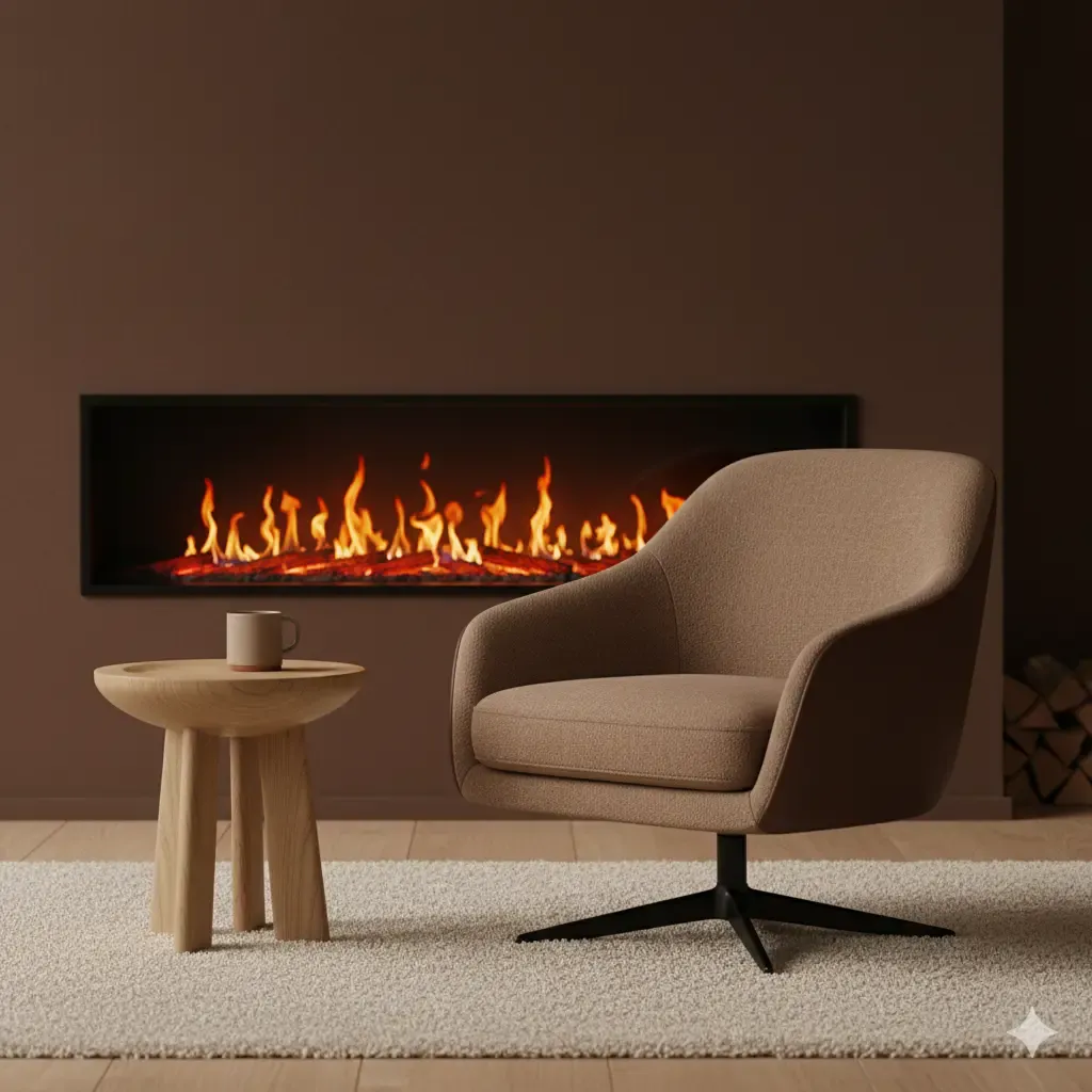 Sfeervolle woonkamer scène met een moderne fauteuil in zachte tinten, een houten bijzettafel met mok, en een lange, elektrische haard met vlammen.