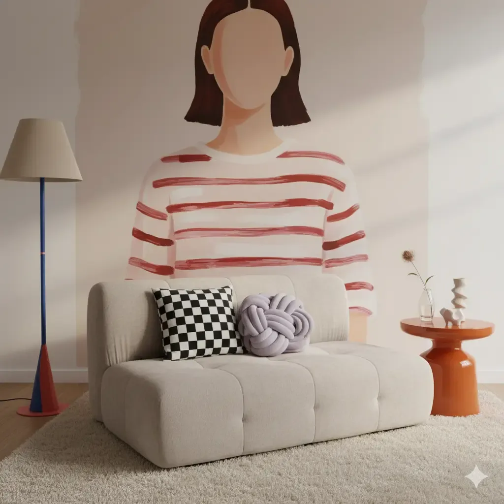 Gezellige woonkamer met een zachte, crèmekleurige modulaire bank, sierkussens en een muurschildering van een vrouw, verlicht door zacht, natuurlijk licht.