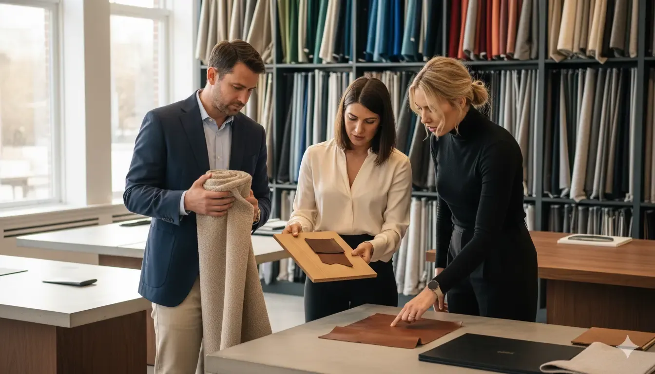 Drie personen analyseren stalen in een kamer. Een man toont een opgerolde stof, terwijl twee vrouwen lederen stalen op een tafel bekijken voor de slaapkamer.