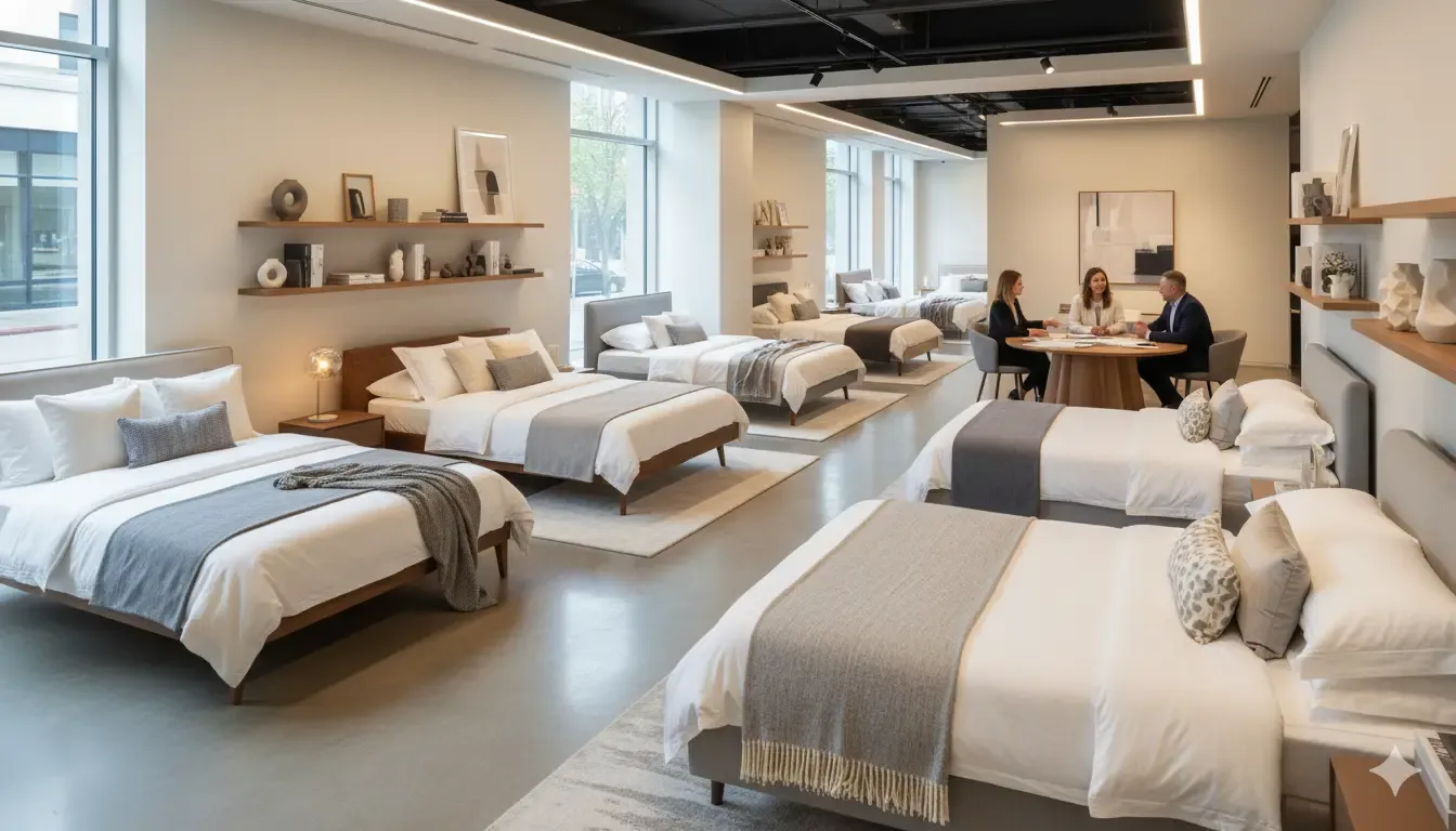 Overzicht van een showroom met verschillende model slaapkamers, met strakke lijnen en zachte grijstinten, en mensen in overleg aan een ronde tafel.