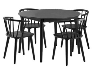 Zwarte ronde eettafel 'Nieuwe Sfeer' met vier stoelen, gefotografeerd in een lichte studio. Het is een eenvoudig, elegant en modern ontwerp.