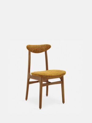 Eetkamerstoel 200-190 Marmer Mosterd met donker hout: stoel met mosterdkleurige zitting en rugleuning, donker houten frame.