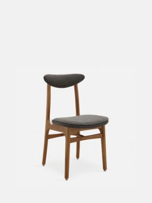 Eetkamerstoel 200-190 Wol Grijs Zwart Met Donker Hout: Grijze stoffen zitting en rugleuning op donkerhouten frame.