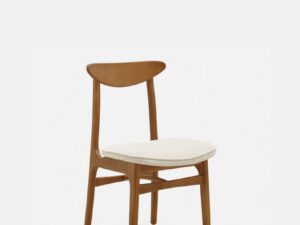 Eetkamerstoel 200-190 Mix Marmer Wit Met Donker Hout: Houten stoel met witte, gestoffeerde zitting.