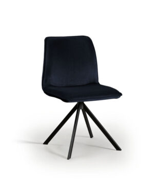Eetkamerstoel Izola Stoffen Zitting Juke Onyx: marineblauwe stoffen stoel met zwart metalen poten.