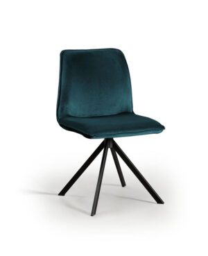 Eetkamerstoel Izola Juke Petrol 56 met zwart onderstel. Petrolkleurige stoel met een modern, zwart metalen onderstel.