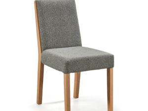 Eetkamerstoel Jura Massief Eiken E02 M: grijze stoffen eetkamerstoel met massief eiken frame.