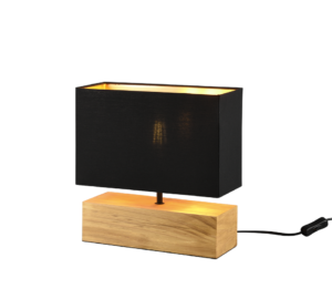 Reality Tafellamp Woody: Houten tafellamp met rechthoekige zwarte lampenkap.