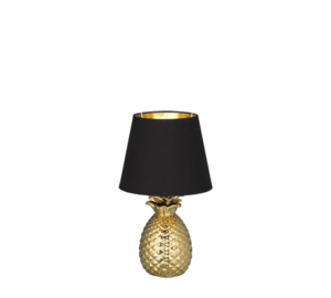 REALITY Tafellamp PINEAPPLE: Gouden ananas lamp met zwarte lampenkap.