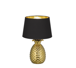 REALITY Tafellamp PINEAPPLE: Gouden ananas lamp met zwarte lampenkap.